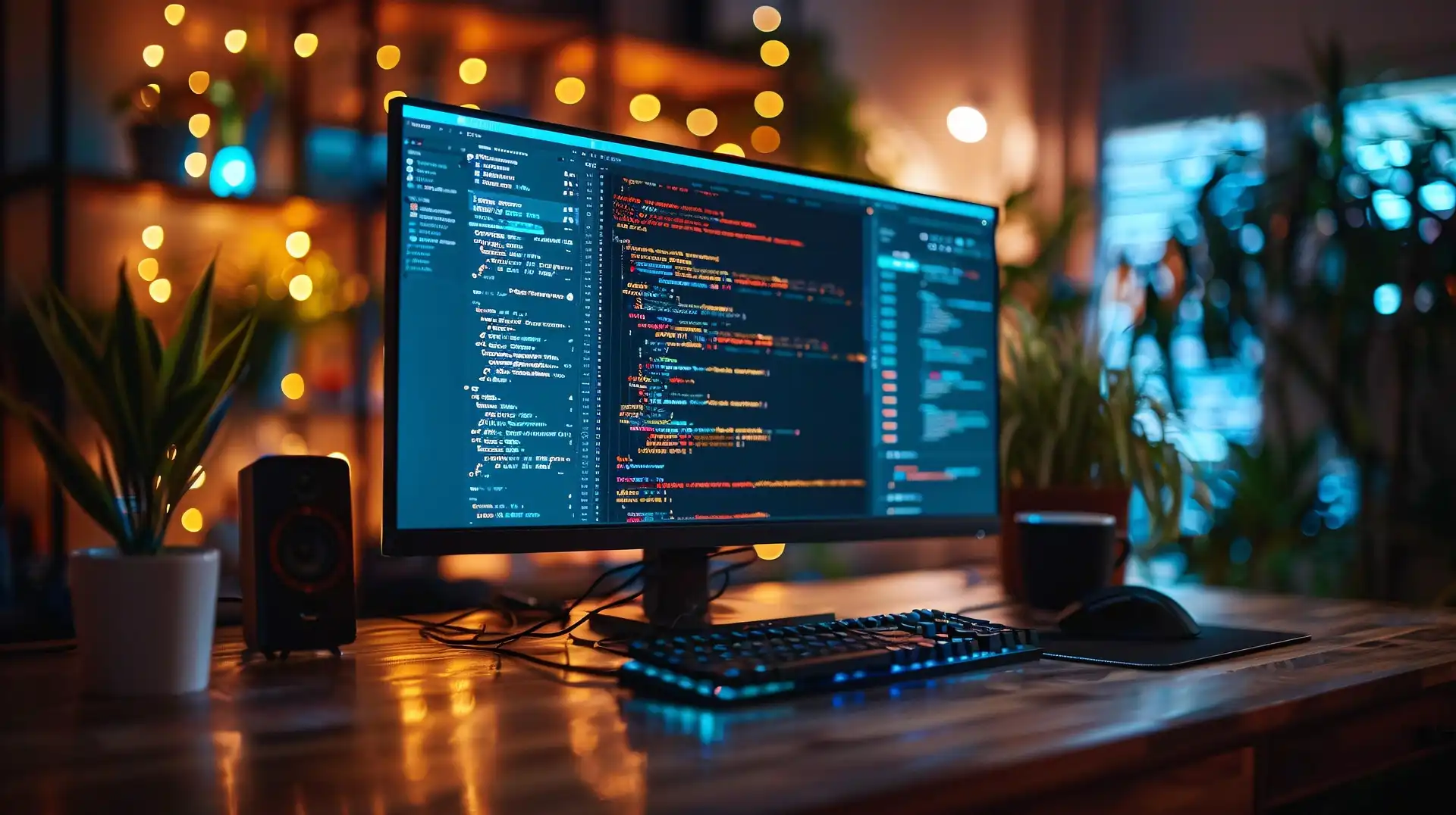 Built by Andy website background - computer on the desk with VS Code open, showing code